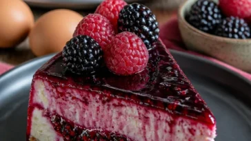 Schwarzbeer-Himbeer-Himmel-Cheesecake mit frischen Himbeeren und Schwarzbeeren
