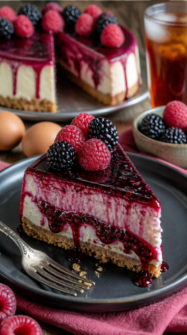 Schwarzbeer-Himbeer-Himmel-Cheesecake mit frischen Himbeeren und Schwarzbeeren