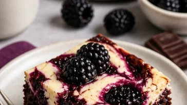 Schwarzbeer-Käsekuchen-Brownies mit frischen Beeren und Käsekuchen-Textur
