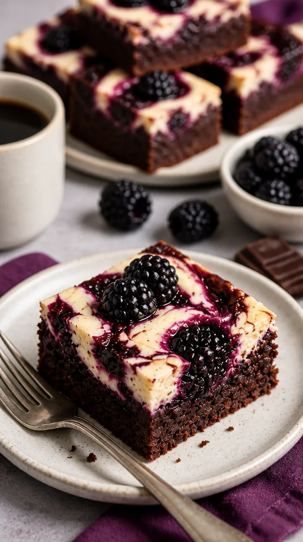 Schwarzbeer-Käsekuchen-Brownies mit frischen Beeren und Käsekuchen-Textur