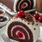 Schwarzwälder Kirschtorte Rolle mit Kirschen und Sahne auf einem Teller