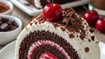 Schwarzwälder Kirschtorte Rolle mit Kirschen und Sahne auf einem Teller