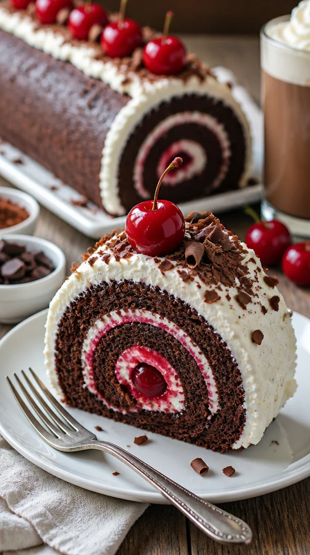 Schwarzwälder Kirschtorte Rolle mit Kirschen und Sahne auf einem Teller