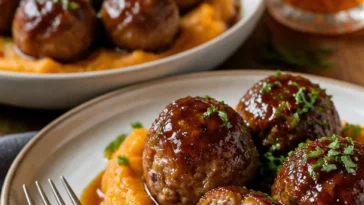 Schweinefleischbällchen mit Süßkartoffelbrei und Bourbon-Ahornsirup-Sauce auf einem Teller.