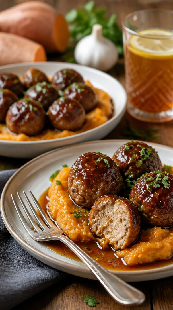 Schweinefleischbällchen mit Süßkartoffelbrei und Bourbon-Ahornsirup-Sauce auf einem Teller.