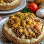Shepherd's Pie Ofenkartoffel mit frischen Zutaten und goldbraunem Belag.