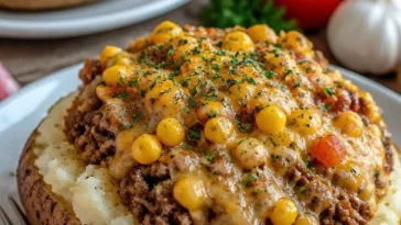 Shepherd's Pie Ofenkartoffel mit frischen Zutaten und goldbraunem Belag.