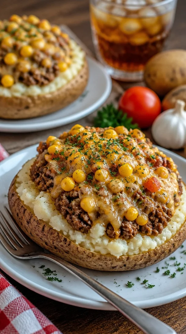 Shepherd's Pie Ofenkartoffel mit frischen Zutaten und goldbraunem Belag.