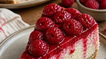 Sommerkuchen mit Himbeeren und Schmand auf einem Teller
