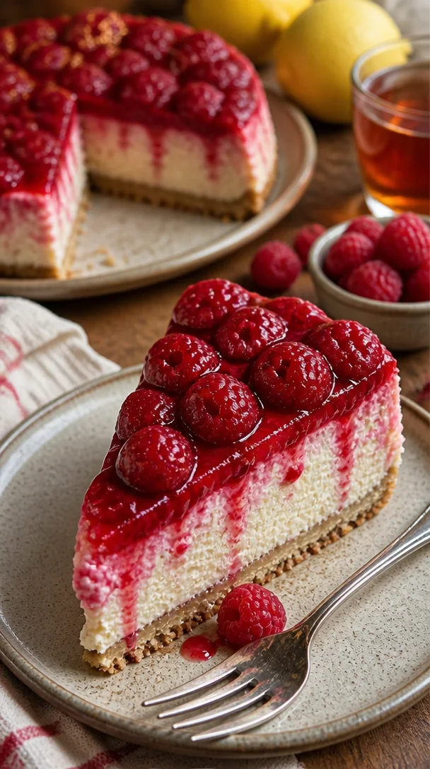 Sommerkuchen mit Himbeeren und Schmand auf einem Teller