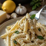 Spaghetti mit Feta und Zitronensauce serviert auf einem Teller