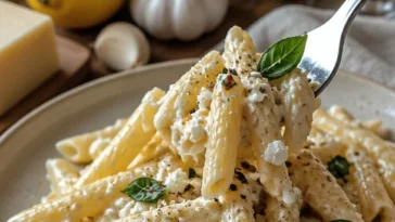 Spaghetti mit Feta und Zitronensauce serviert auf einem Teller