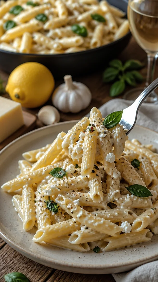 Spaghetti mit Feta und Zitronensauce serviert auf einem Teller