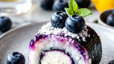 Leckeres Dessert-Sushi mit Früchten und süßen Zutaten auf einem Teller