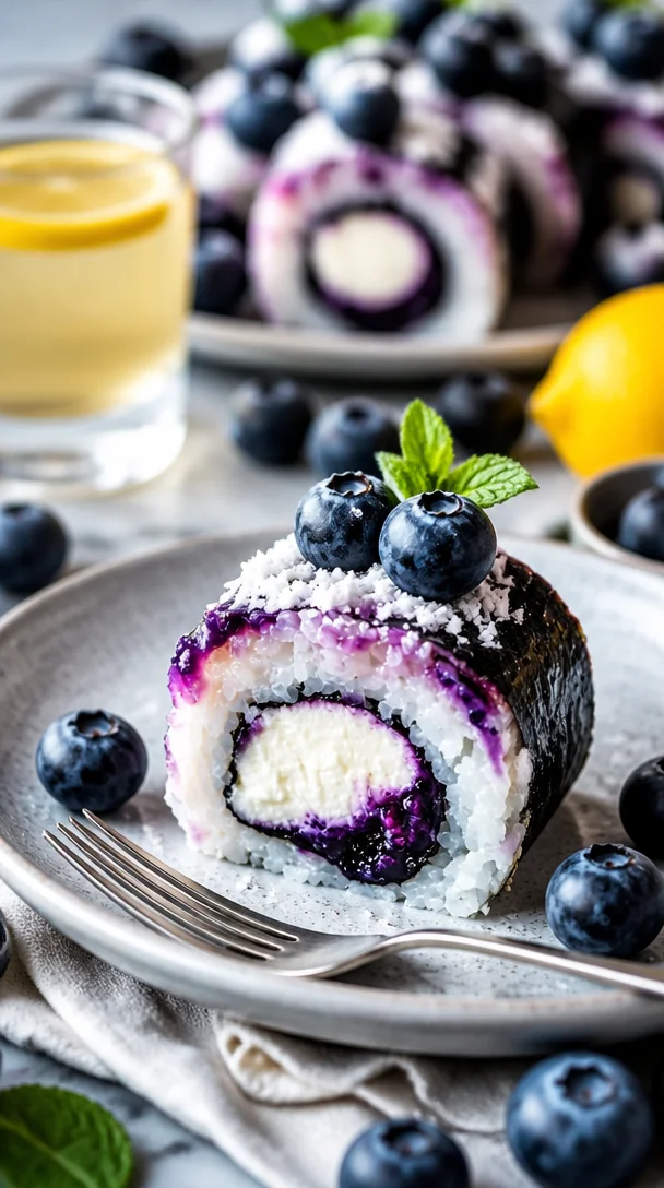 Leckeres Dessert-Sushi mit Früchten und süßen Zutaten auf einem Teller