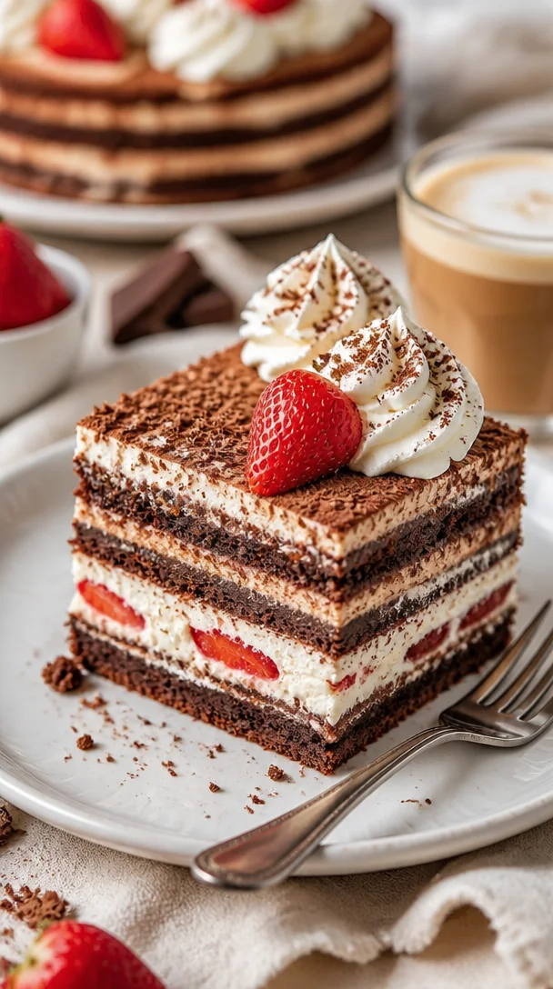 Tiramisu Erdbeer Brownie: Eine köstliche Mischung aus Tiramisu und Brownie mit Erdbeeren.