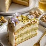 Ostertorte mit Pistazien und weißer Schokolade auf einem eleganten Teller