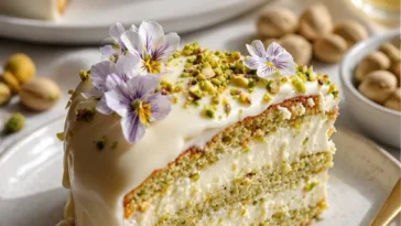 Ostertorte mit Pistazien und weißer Schokolade auf einem eleganten Teller
