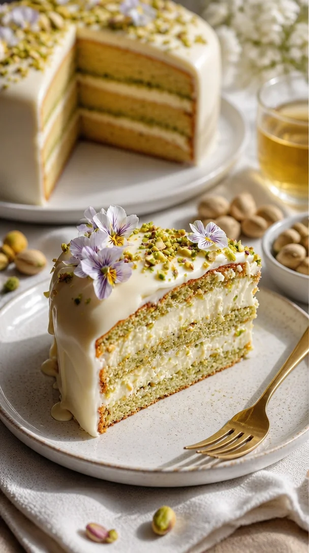 Ostertorte mit Pistazien und weißer Schokolade auf einem eleganten Teller