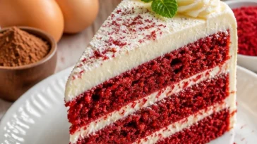 Ein köstlicher Roter Samtkuchen, reich verziert und frisch gebacken.