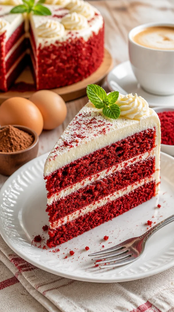 Ein köstlicher Roter Samtkuchen, reich verziert und frisch gebacken.