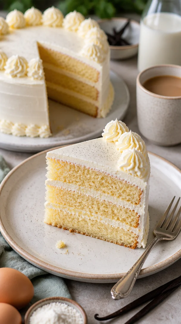 Leckere Vanilletorte auf einem Holzbrett mit frischen Früchten dekoriert.