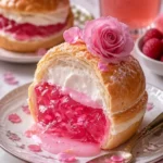 Weiche rosa Milchbrötchen gefüllt mit Rosengelee auf einem Teller