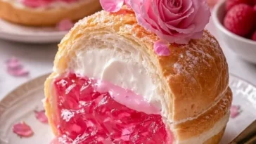 Weiche rosa Milchbrötchen gefüllt mit Rosengelee auf einem Teller