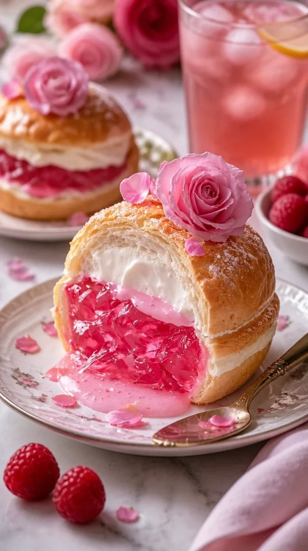 Weiche rosa Milchbrötchen gefüllt mit Rosengelee auf einem Teller
