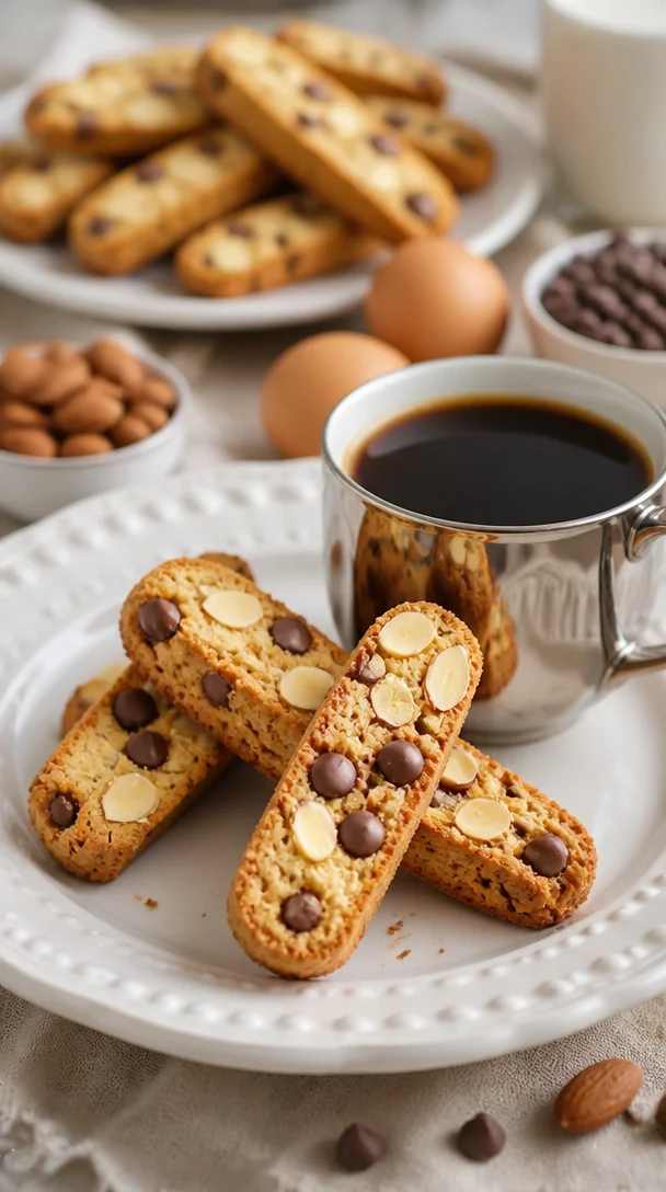 Weiche Schokoladen-Mandel-Biscotti auf einem Teller serviert
