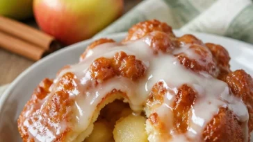 Weiche Zimt-Apfel-Krapfen mit Vanilleglasur auf einem Teller