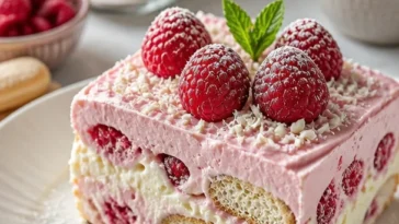 Weiße Schokoladen-Himbeer-Tiramisu Dessert auf einem Teller serviert