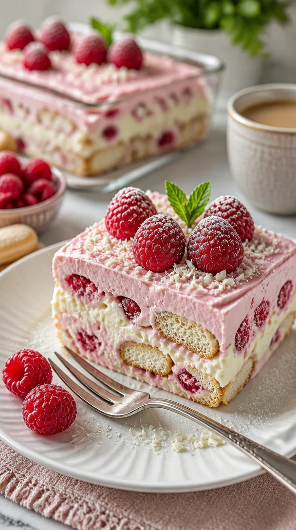 Weiße Schokoladen-Himbeer-Tiramisu Dessert auf einem Teller serviert