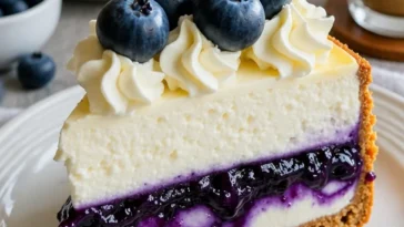 Weißer Schokoladen Cheesecake mit Blaubeeren auf einem weißen Teller.