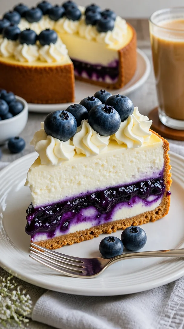Weißer Schokoladen Cheesecake mit Blaubeeren auf einem weißen Teller.