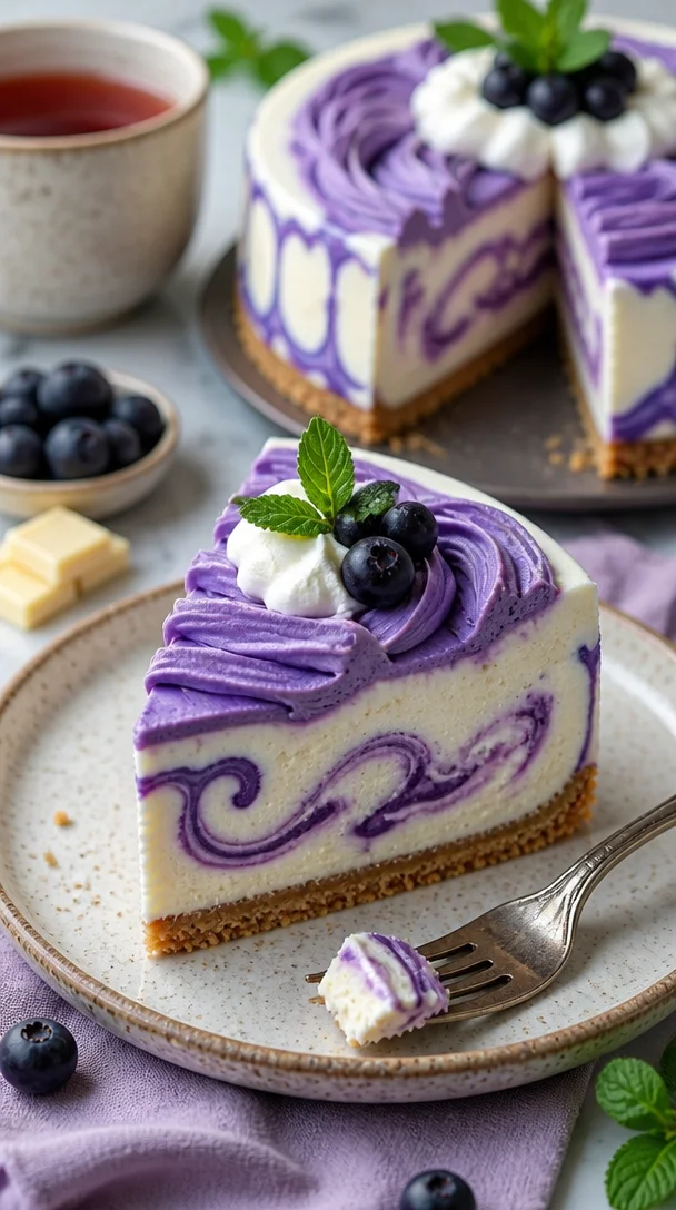 Weißer Schokoladen Cheesecake mit Blaubeeren dekoriert auf einem Teller