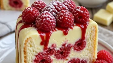 White Chocolate Raspberry Cake mit frischen Himbeeren und weißer Schokolade