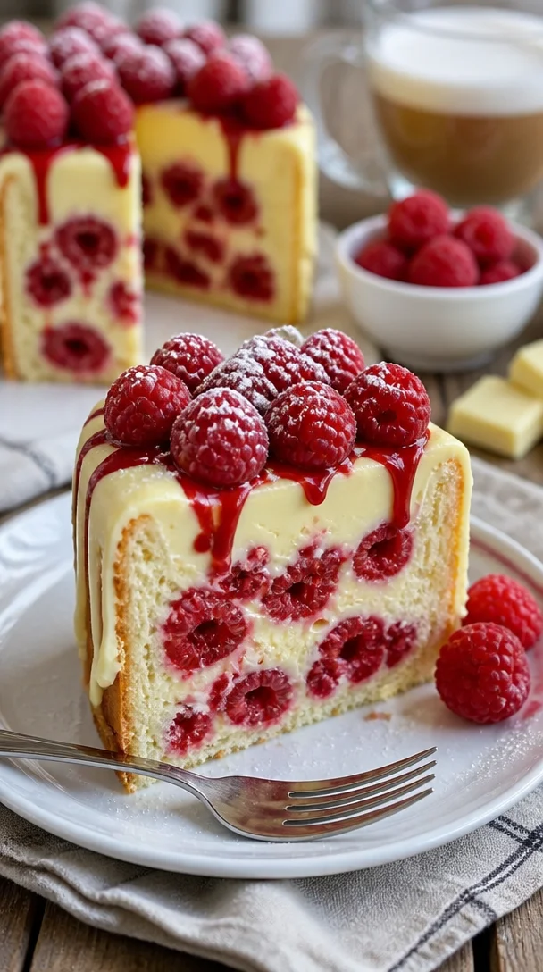 White Chocolate Raspberry Cake mit frischen Himbeeren und weißer Schokolade