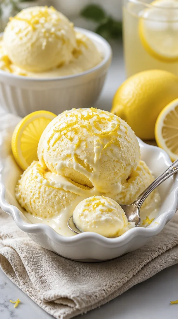 Zitronen gefrorener Joghurt in einer Schale mit frischen Zitronen