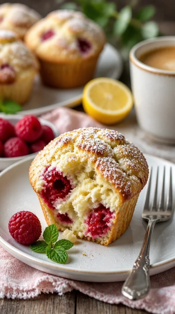 Zitronen-Himbeer-Muffins mit weißer Schokolade auf einem Teller