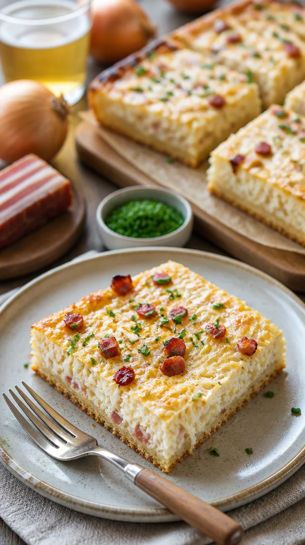 Zwiebelkuchen vom Blech ohne Hefe, frisch und appetitlich angereichert mit Zwiebeln.