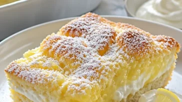 Zitrone Frischkäse Dump Cake mit 4 Zutaten auf einem Teller