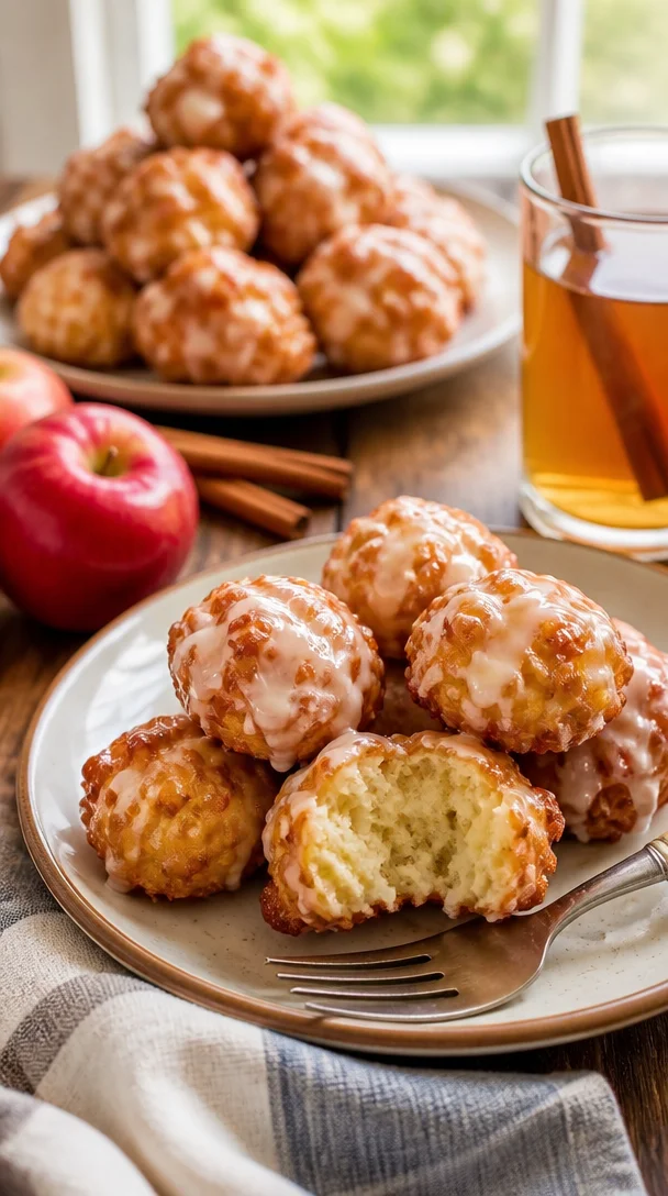 Leckere Apfelpfannkuchen serviert mit Puderzucker und Äpfeln