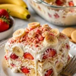 Bananenpudding mit Erdbeer-Crunch auf einem dekorativen Teller
