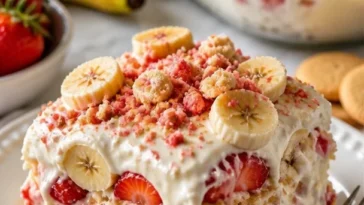 Bananenpudding mit Erdbeer-Crunch auf einem dekorativen Teller