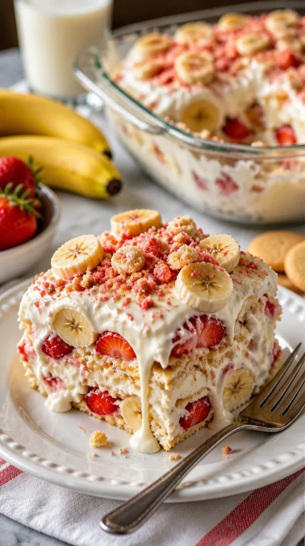 Bananenpudding mit Erdbeer-Crunch auf einem dekorativen Teller