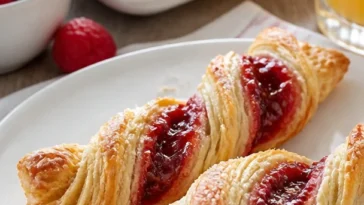 Leckere Beeren-Puff-Drehtwists frisch gebacken auf einem Kuchenteller.