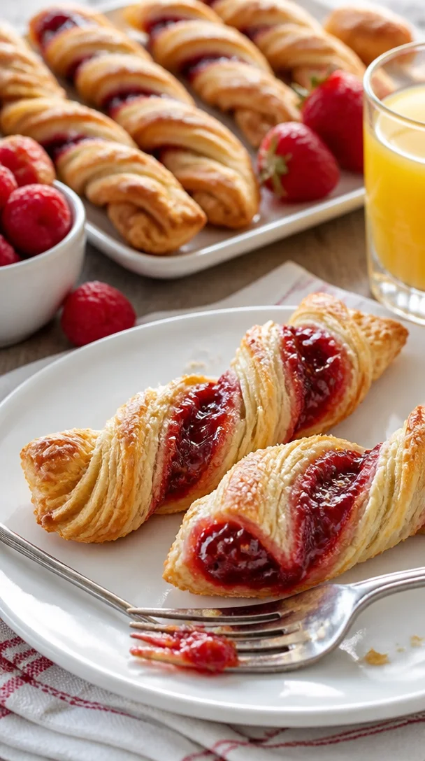 Leckere Beeren-Puff-Drehtwists frisch gebacken auf einem Kuchenteller.