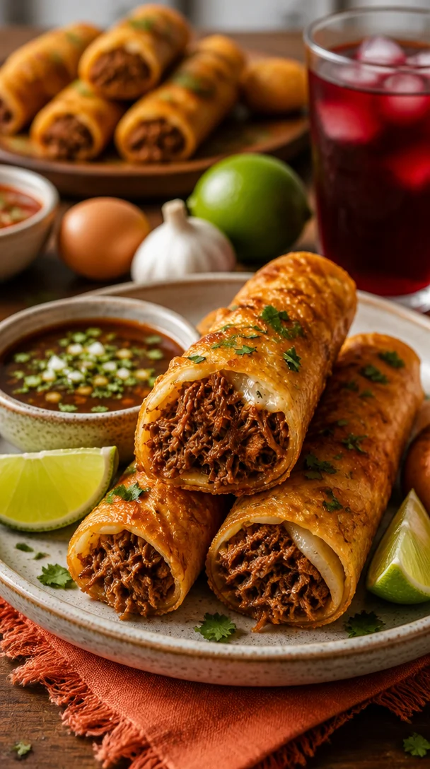 Birria Frühlingsrollen mit saftigem Fleisch und würziger Füllung
