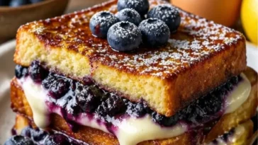 Blaubeer-Cheesecake-gefüllter French Toast mit frischen Blaubeeren und Puderzucker